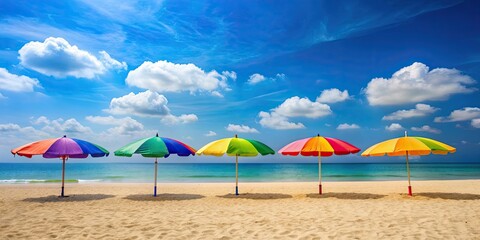 Wall Mural - Sunny day at the beach with colorful umbrellas and beach chairs, summer, vacation, relaxation, ocean, sand, sun, holiday, travel