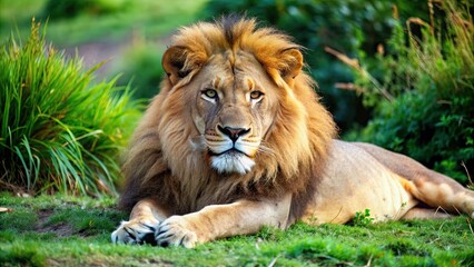 Sticker - Close-up image of a majestic lion resting in the grass , wildlife, lion, predator, feline, pride, animal