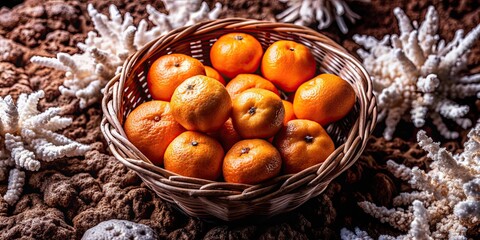 Wall Mural - Tangerines in a basket on a soft coral background, perfect for a vibrant and fruity stock photo shoot, tangerines, basket