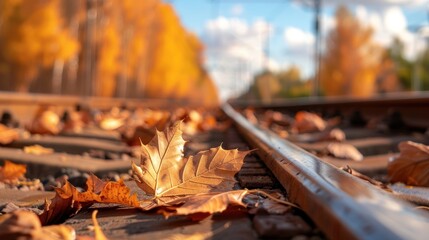 Wall Mural - Autumn Leaves on Train Tracks