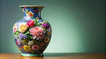 Sticker - Exquisite floral arrangement in colorful porcelain vase , flowers, bouquet, elegant, decoration, beauty, ornate, nature