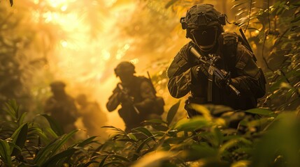 Wall Mural - Camouflaged Soldier in the Jungle.