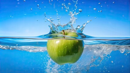 Poster - Fresh green apple falling into a clear water splash, apple, fruit, water, splash, fresh, healthy, organic, natural, refreshment