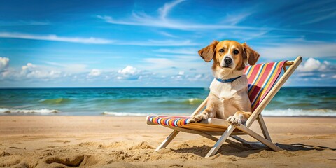 Canvas Print - Cute dog lounging on summer beach like a human , dog, beach, summer, vacation, relaxation, pet, sand, sunny, fun