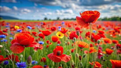 Canvas Print - Field of vibrant red poppies and beautiful flowers in bloom, poppy, field, red, flowers, vibrant, beautiful, nature, garden