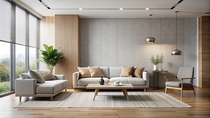 Wall Mural - Modern and minimal living room with neutral tones and clean lines , minimalist, contemporary, interior design, furniture