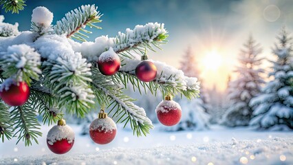 Poster - Frost-covered pine branch with Christmas ornaments on snow-covered landscape, winter, holiday, festive, pine tree, branch