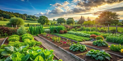 Wall Mural - Idyllic organic vegetable garden in a lush and fertile landscape, organic, garden, vegetables, idyllic, lush