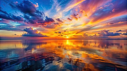 Wall Mural - Vivid sunset over the calm sea with colorful sky reflections , sunset, sea, ocean, dusk, horizon, nature, beauty, sky