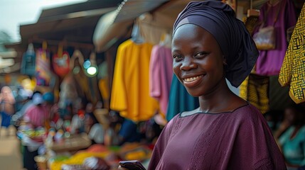 Wall Mural - Nigerian woman in her 30s, dressed in traditional attire, standing at her market stall.