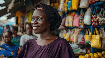 Wall Mural - Nigerian woman in her 30s, dressed in traditional attire, standing at her market stall.