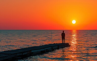 Sticker - Silhouette of a Fisherman at Sunset