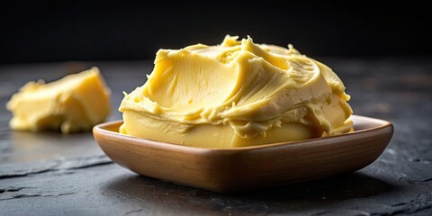 Canvas Print - Close-up of smooth homemade butter on a dark black background, butter, homemade, dairy, food, organic, fresh, artisan