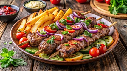 Canvas Print - Close-up photo of delicious lula kebab served with grilled vegetables and crispy French fries, kebab, lula kebab