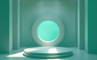 3d, minimalist stage design style, turquoise and white, a circle placed in the middle, light and shadow, subtle chromatic shading, soft tones, minimalist Settings, 