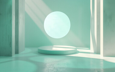 Wall Mural - 3d, minimalist stage design style, turquoise and white, a circle placed in the middle, light and shadow, subtle chromatic shading, soft tones, minimalist Settings, 