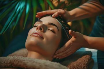 Canvas Print - A woman receiving a relaxing facial massage at a spa. Perfect for promoting self-care and wellness.