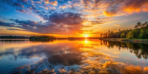 Poster - Sunset casting a warm glow over a tranquil lake , nature, water, evening, dusk, reflection, colorful, scenic, beautiful, peaceful