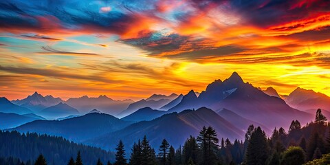 Sticker - Sunset in the mountains with a colorful sky and silhouetted peaks, nature, landscape, dusk, twilight, outdoor, mountains