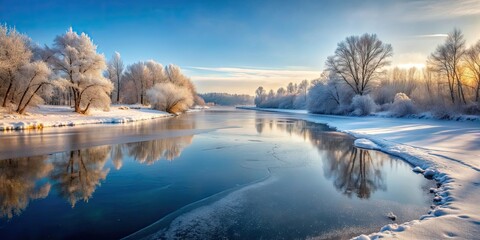 Canvas Print - Frozen ice covering a serene river background, frozen, ice, river, winter, chill, cold, water, nature, tranquil, outdoor