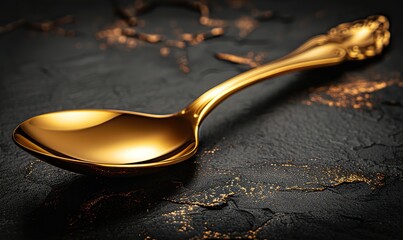 The solid gold spoon lay gleaming on the dark surface.