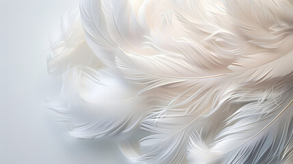 Wall Mural - Beautiful fluffy white feather, abstract feather on white background. High resolution. Copy space for design and text. Pastel beige and white colors. High resolution.