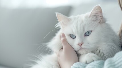 Wall Mural - A white cat is laying on a person's lap