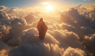 Jesus Christ, resurrected, ascended above the bright sky toward heaven.