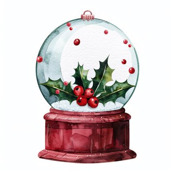 Festive snow globe, holly berries, Christmas movie elements, watercolor style, bright colors, isolated on white background, focus cover all  object, deep depth of field, no blur,