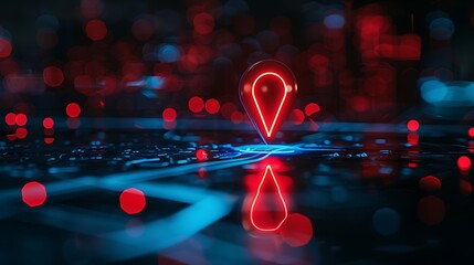 Poster - Red location pin sits on a digital landscape reflecting on the surface Navigating the digital world. AI generated