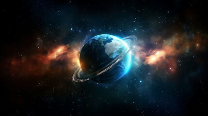 Wall Mural - planet earth with rings orbits through a nebula. ai generated