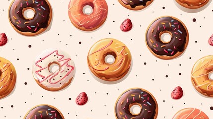 Seamless pattern of various kinds of donuts with strawberries on a beige background