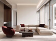 © It's design - Minimalist living room interior with modern furniture and large windows, beige sofa with burgundy red accents. Ideal for interior design mockup and advertisement. Generative AI.