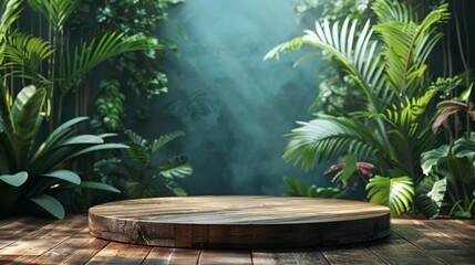 Wooden platform in lush green jungle foliage with dappled sunlight and soft blue background