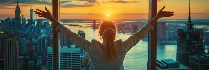 Wall Mural - Woman Embracing City Skyline at Sunset