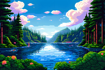 Sticker - A pixelated paradise unfolds. A tranquil lake, surrounded by lush, verdant foliage, is bathed in the warm glow of a cerulean sky. This digital masterpiece captures the essence of nature's serenity.