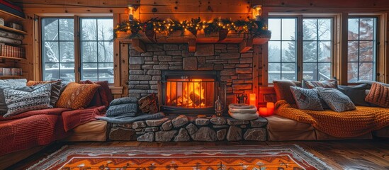 Wall Mural - Cozy Cabin Fireplace with Winter Views