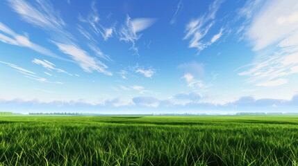 Blue morning sky, green grass, realistic