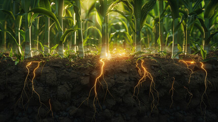 Vibrant corn plants with roots illuminated underground, highlighting the essential connection between soil and plant growth in a healthy, thriving ecosystem.