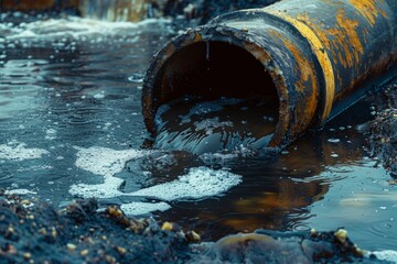 Pipe with sewerage, wastewater in the river, water pollution