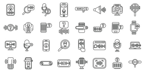 Wall Mural - Voice search icons set. Voice recognition icons set, voice control technology line icons pack, voice assistant linear symbols collection