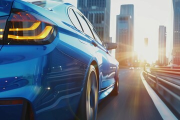 Blue luxury car riding fast on the highway with blurred cityscape background and sunlight