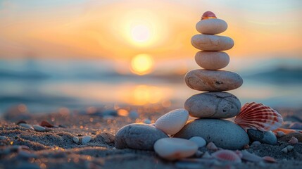 Poster - Zen Stones at Sunset Beach