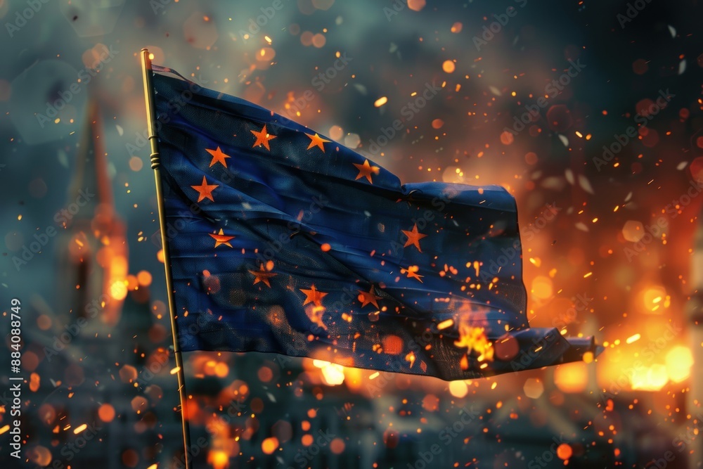 Exploding Flags Euros european union flag waving in the wind on blurred city in fire ...