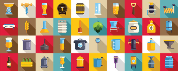 Poster - Home brewing icons set. Flat design icons set of beer brewing process from malt and hops to bottled beer