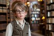 © Konstiantyn Zap - A young boy, wearing glasses and a vest, stands in a library, looking intently at something out of frame