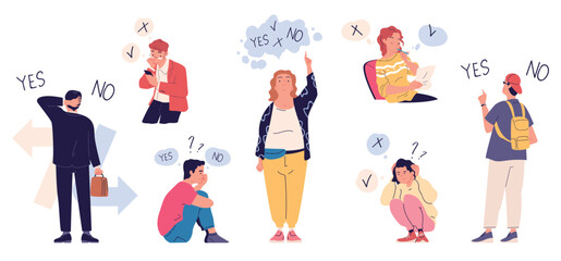 People dilemma choice. Person doubt option, confused man thoughtful woman with question choose decision decide opportunity alternative solution pensive process vector illustration