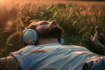 Wall Mural - relaxed man lying in field listening to music with headphones