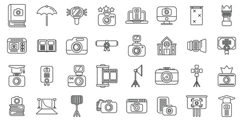 Sticker - Photography courses icons set. Set of line icons representing different equipment and concepts related to photography and photographers working