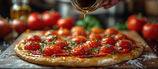 Wall Mural - Drizzling Olive Oil on a Delicious Tomato Pizza